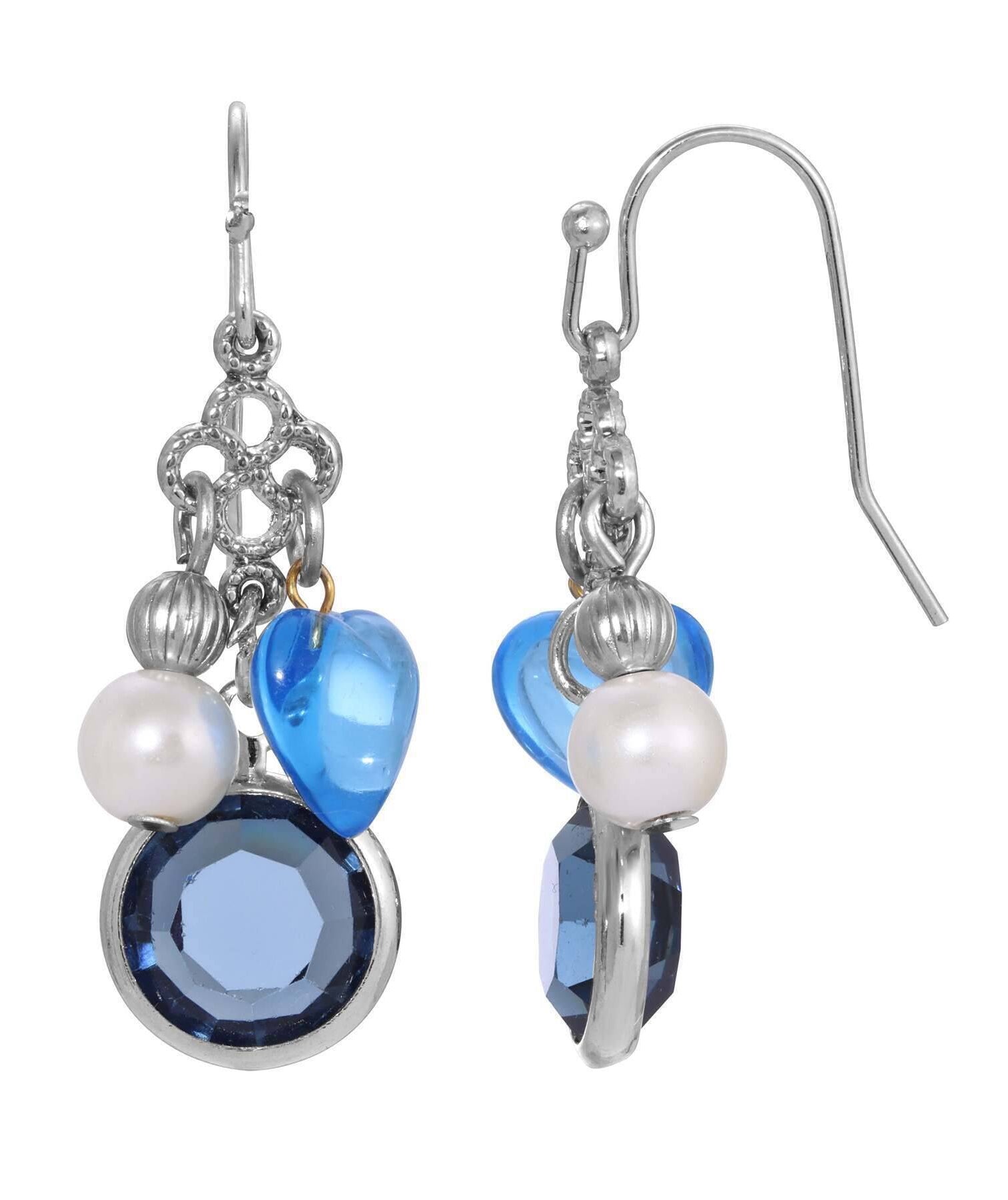 1928 Jewelry Montana Blue Channel Sapphire Blue Crystal Heart & Pearl Charm Dangling Earrings