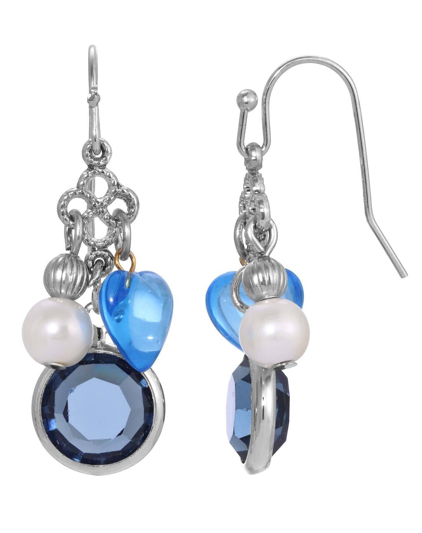 1928 Jewelry Montana Blue Channel Sapphire Blue Crystal Heart & Pearl Charm Dangling Earrings