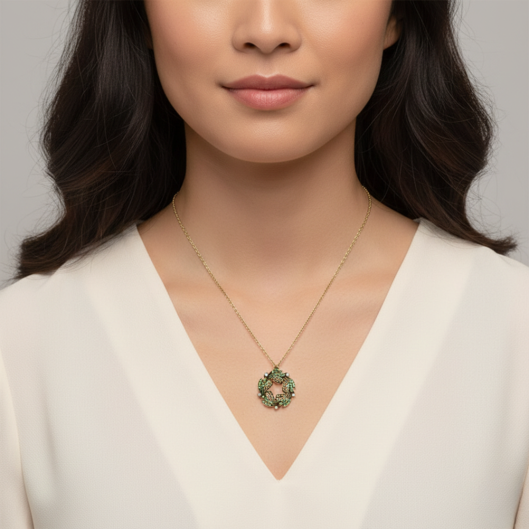 Woman wearing a necklace with a green Peacock feather wreath pendant against a neutral background