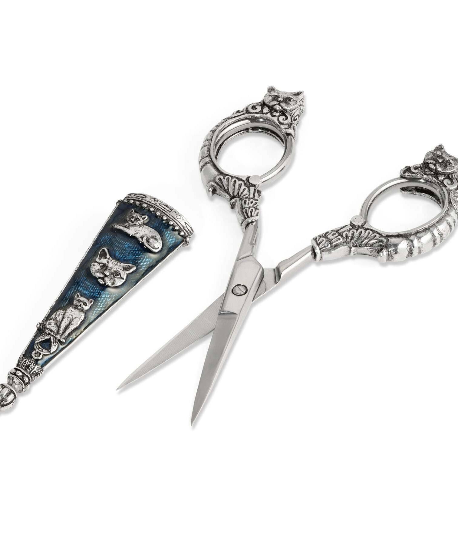 1928 Jewelry Antiqued Classic Blue Enamel Cat Scissors