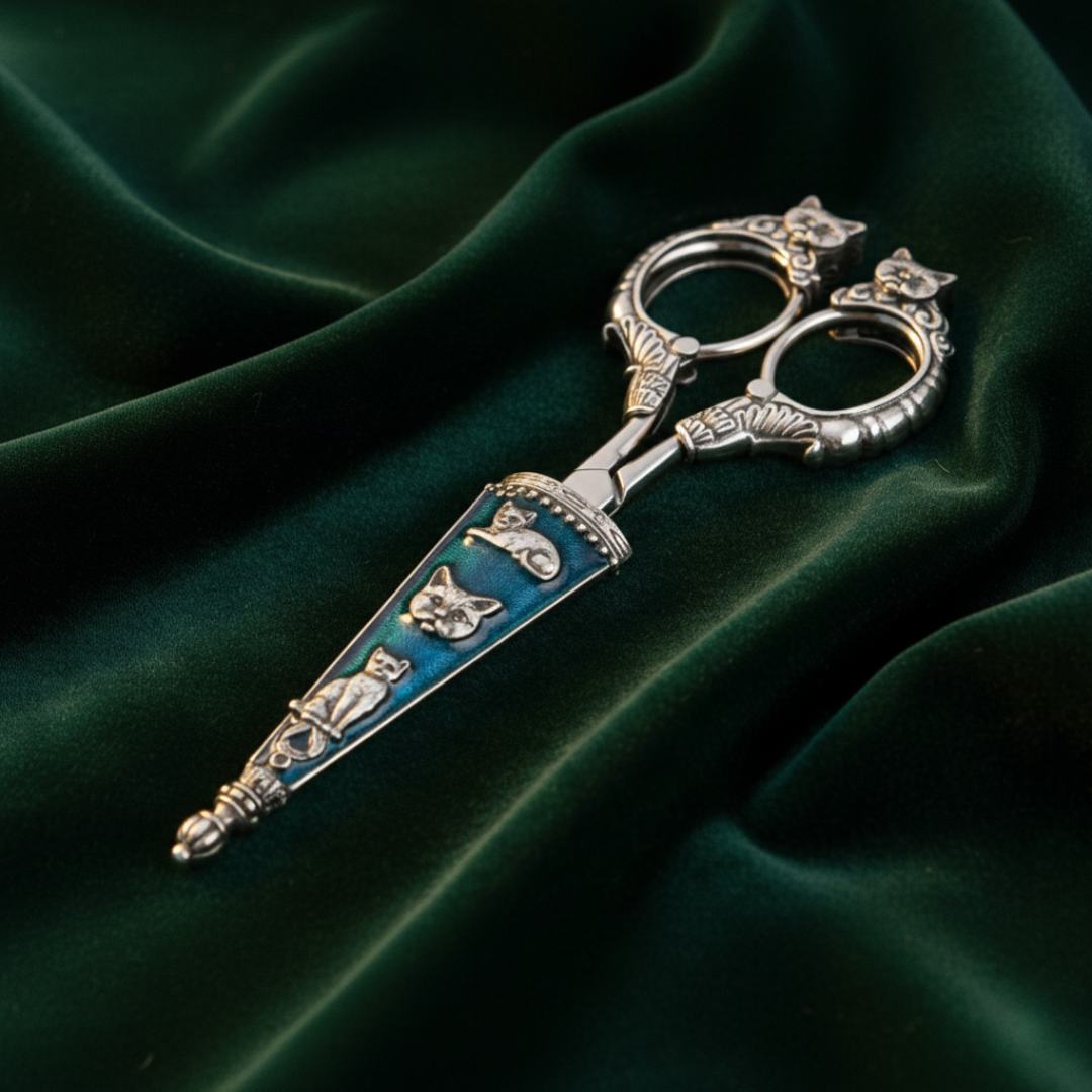 Scissors with a blue handle and silver accents on a dark green fabric background.