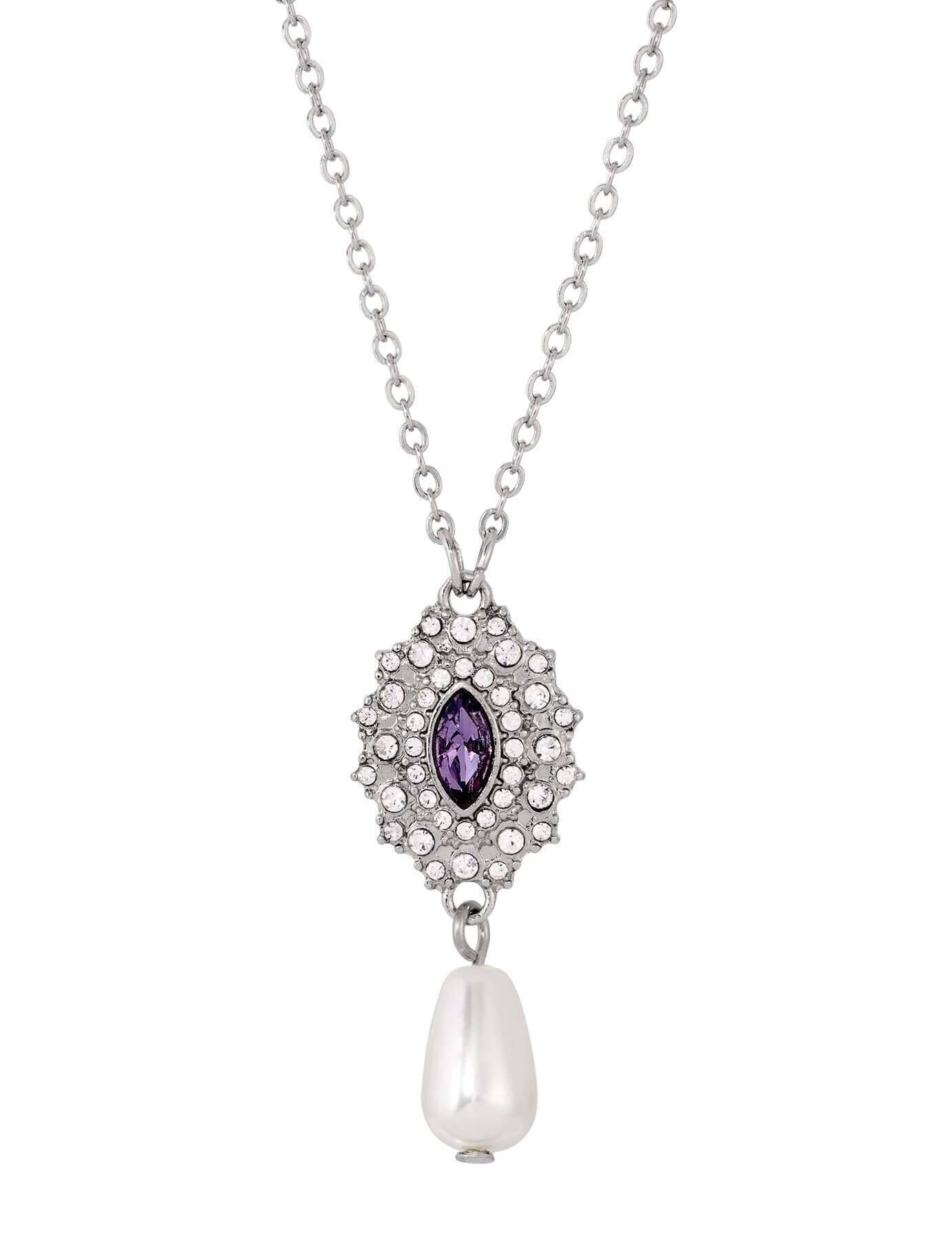 Regency Starburst Crystal Faux Pearl Drop Pendant Necklace 16" + 3" Extender