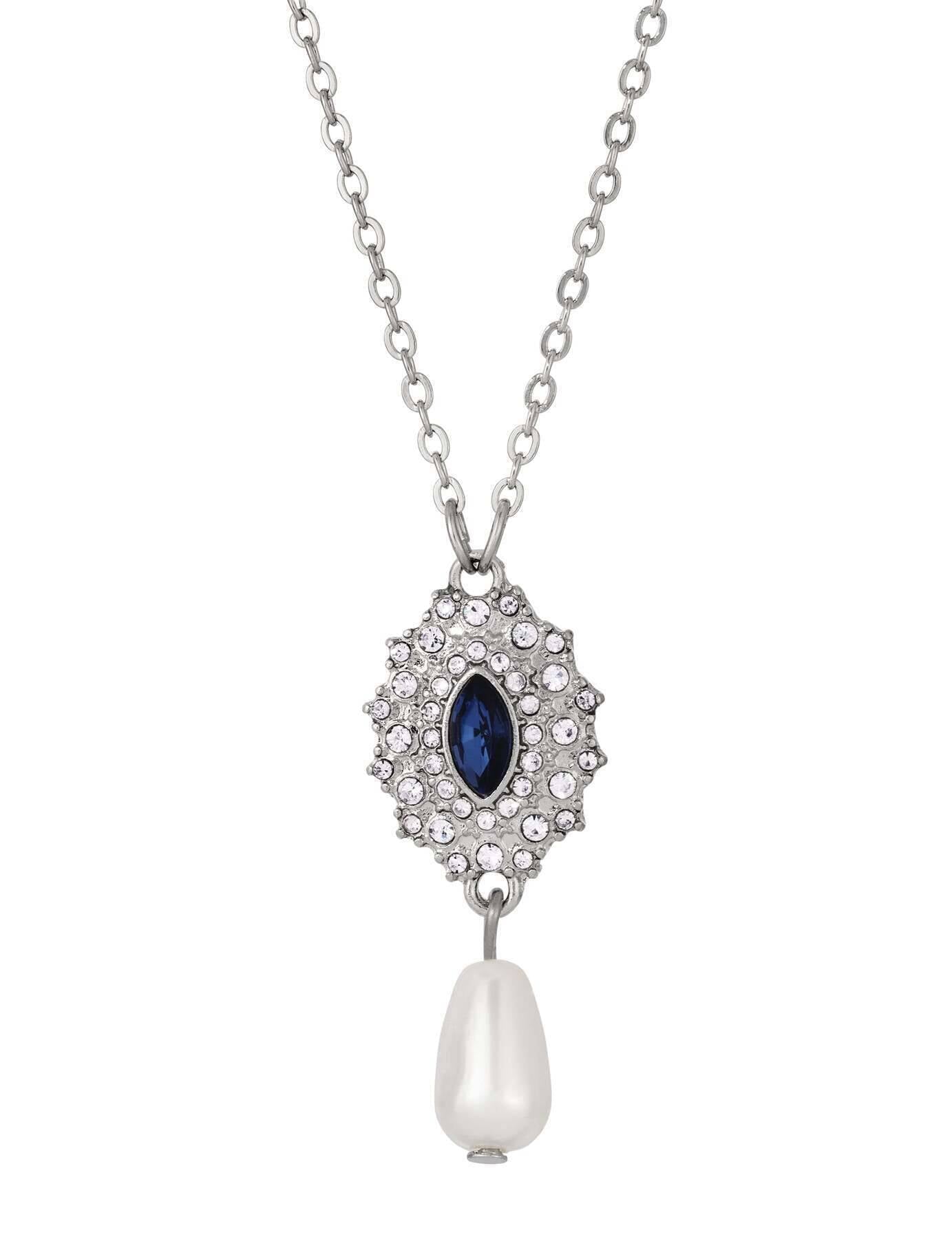 Regency Starburst Crystal Faux Pearl Drop Pendant Necklace 16" + 3" Extender