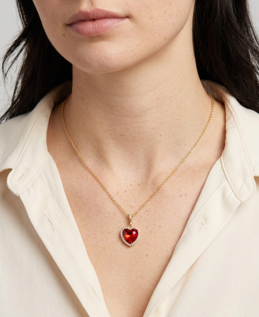 Person wearing a gold necklace with a red heart pendant on a neutral background