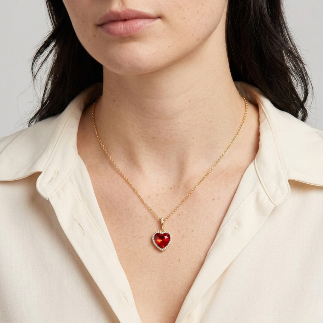 Person wearing a gold necklace with a red heart pendant on a neutral background