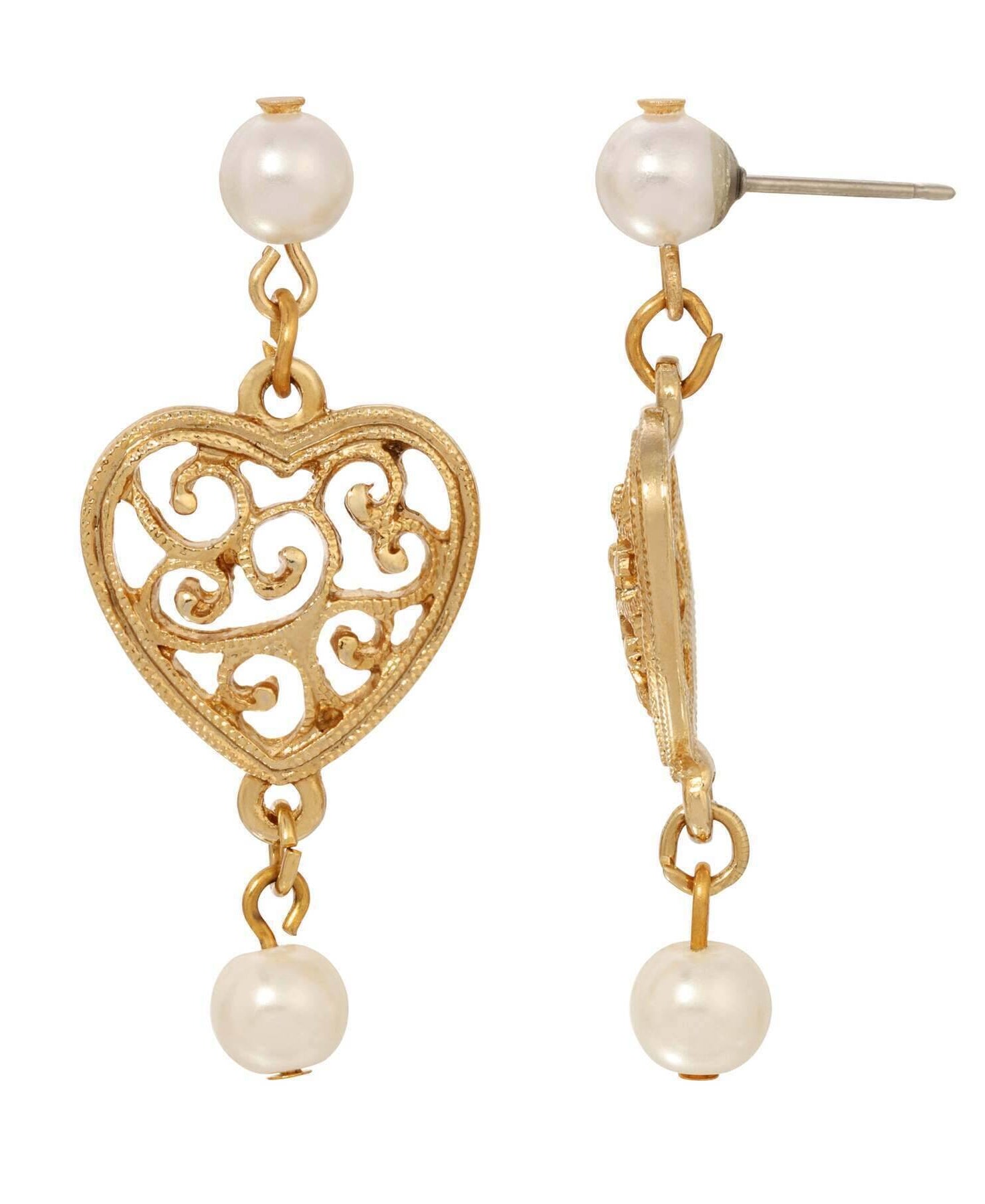 1928 Jewelry Gold Filigree Heart & Faux Pearl Post Dangle Earrings