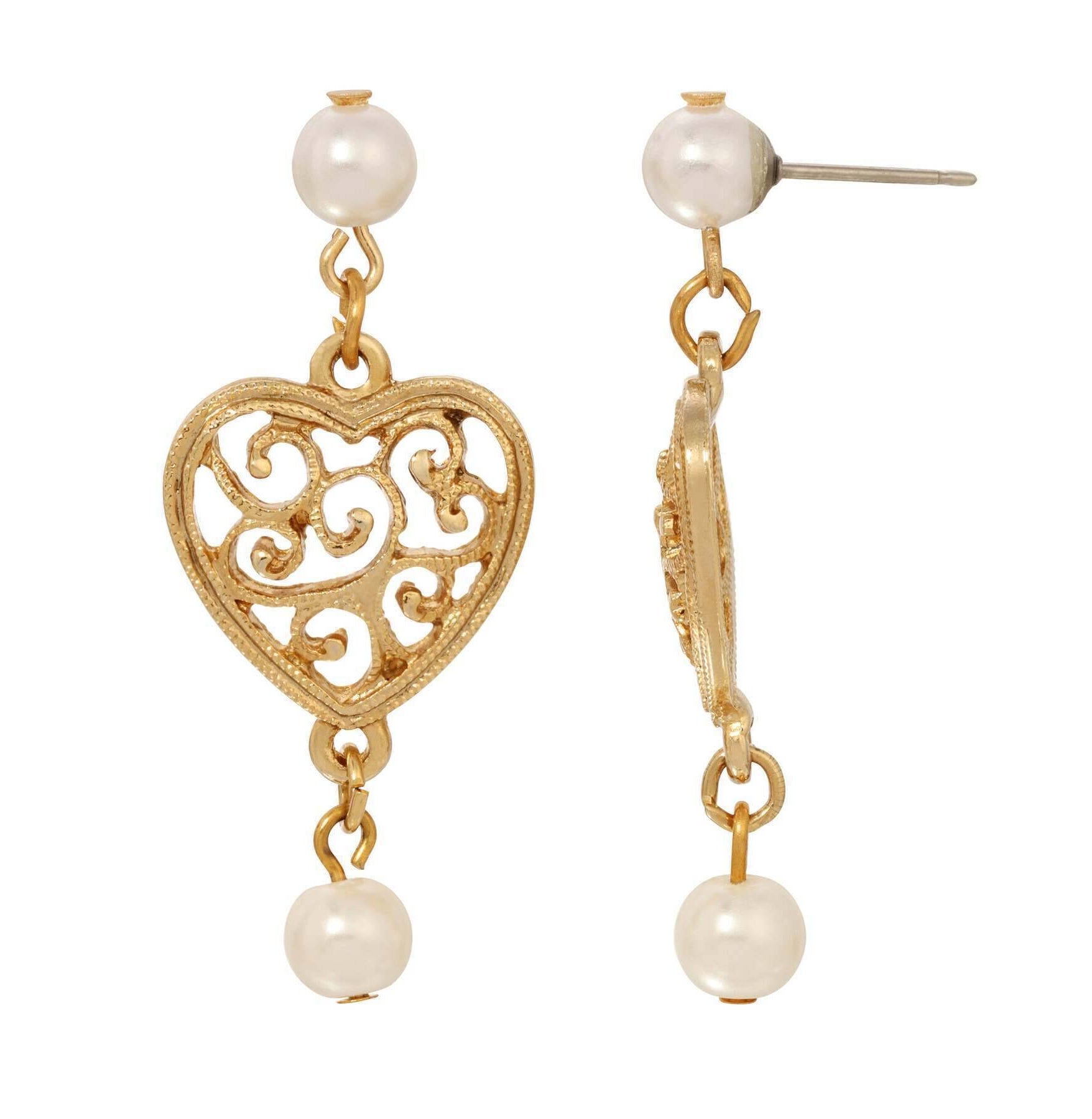 1928 Jewelry Gold Filigree Heart & Faux Pearl Post Dangle Earrings