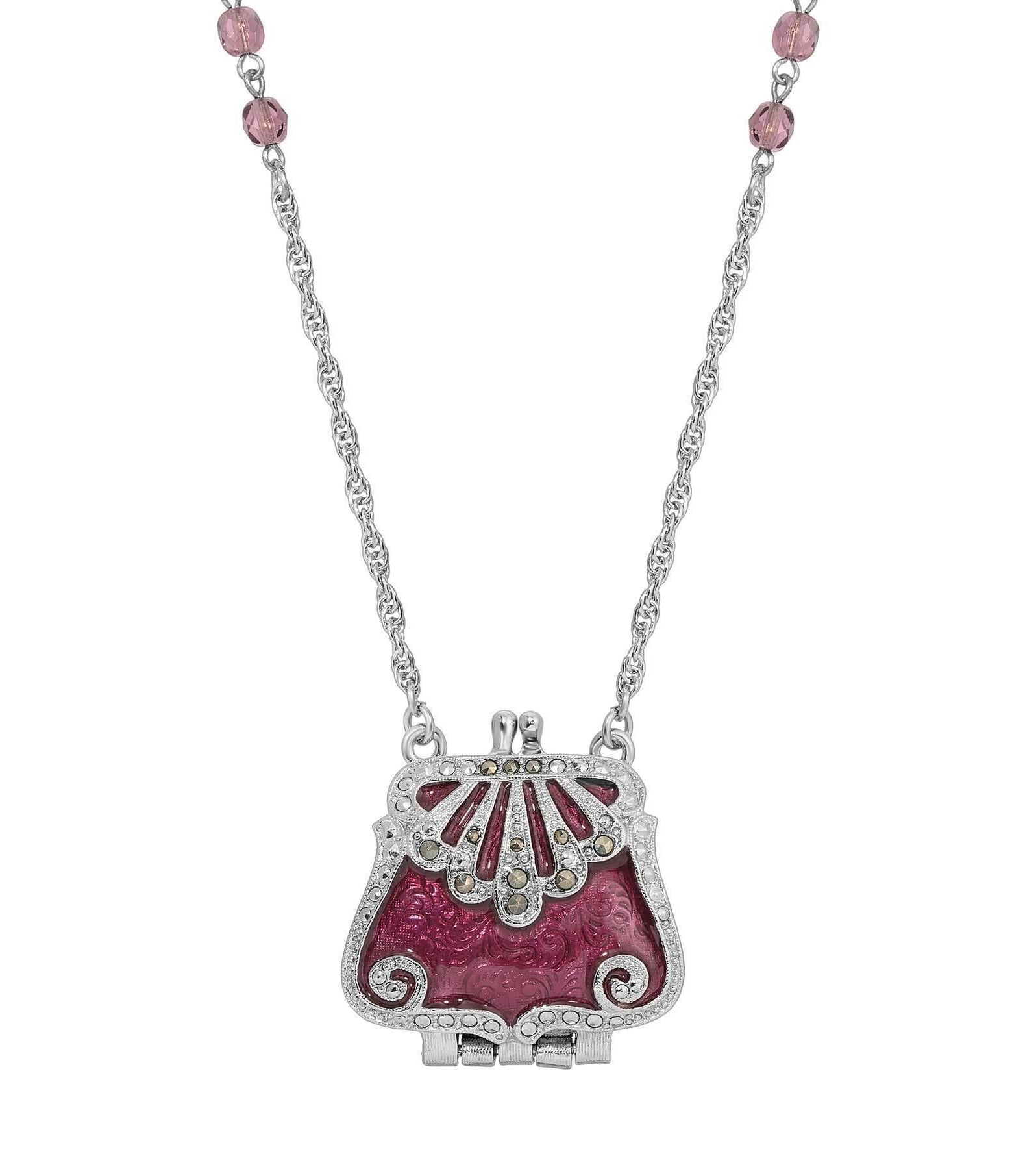 1928 Jewelry Deco Crystal Clutch Purse Locket Necklace 32"