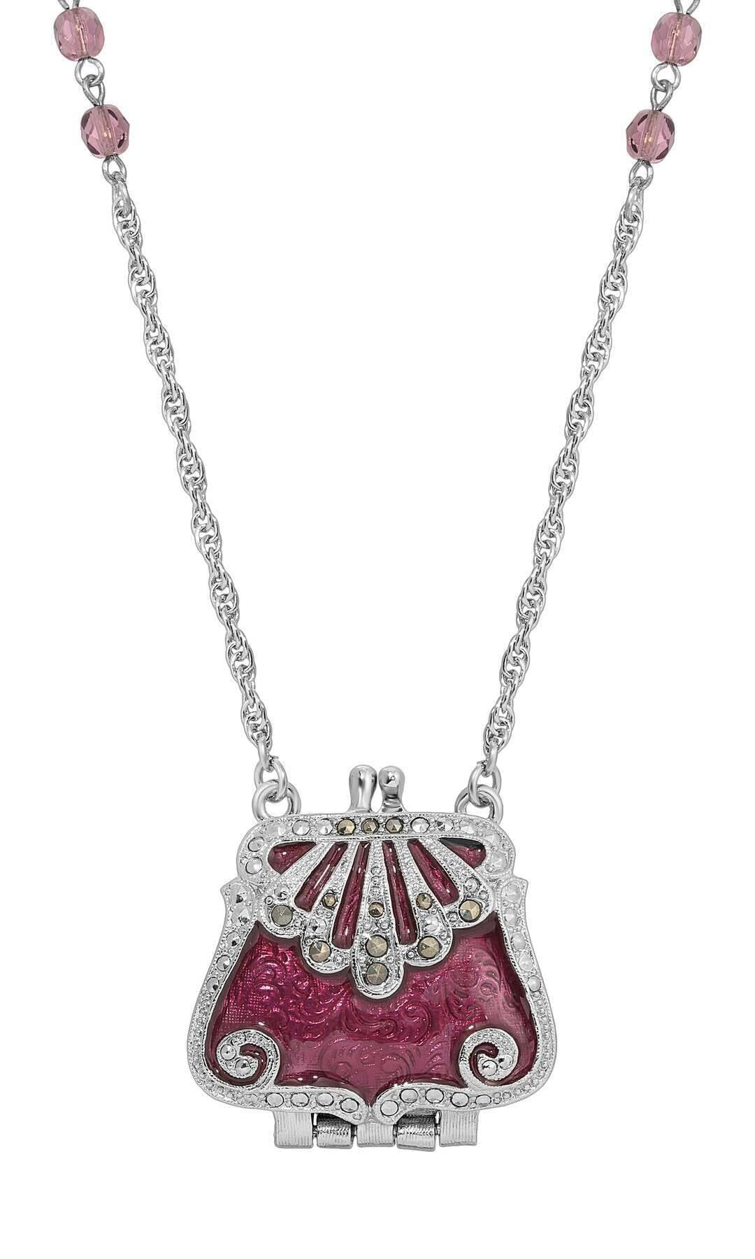 1928 Jewelry Deco Crystal Clutch Purse Locket Necklace 32"