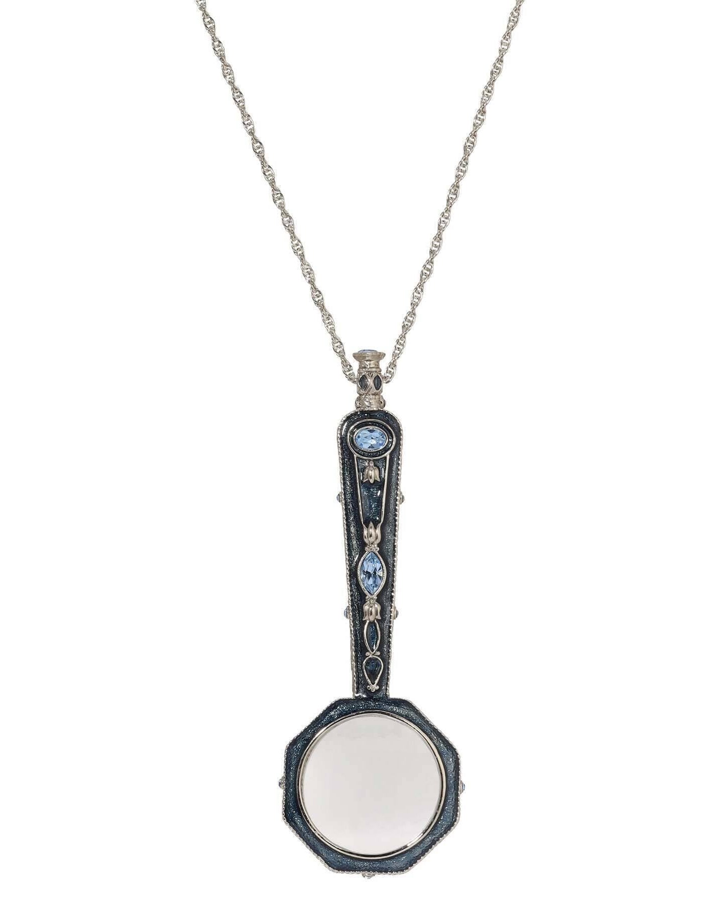 1928 Jewelry Blue Crystal & Enamel Octagon Magnifying Glass Pendant Necklace 30" - Magnification Power: 1-2X
