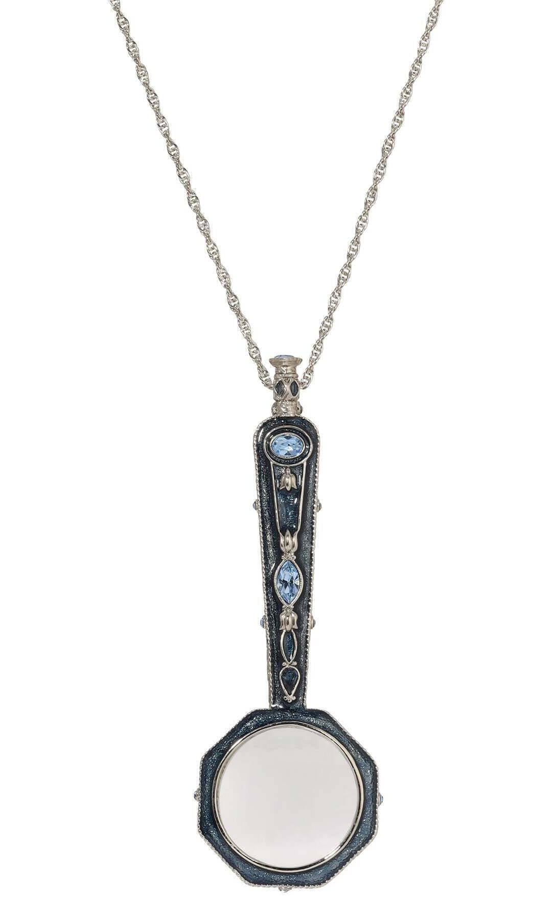1928 Jewelry Blue Crystal & Enamel Octagon Magnifying Glass Pendant Necklace 30" - Magnification Power: 1-2X