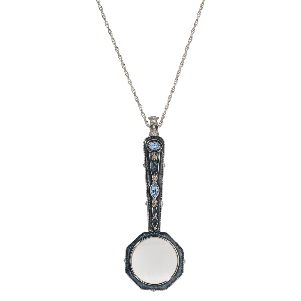 1928 Jewelry Blue Crystal & Enamel Octagon Magnifying Glass Pendant Necklace 30" - Magnification Power: 1-2X