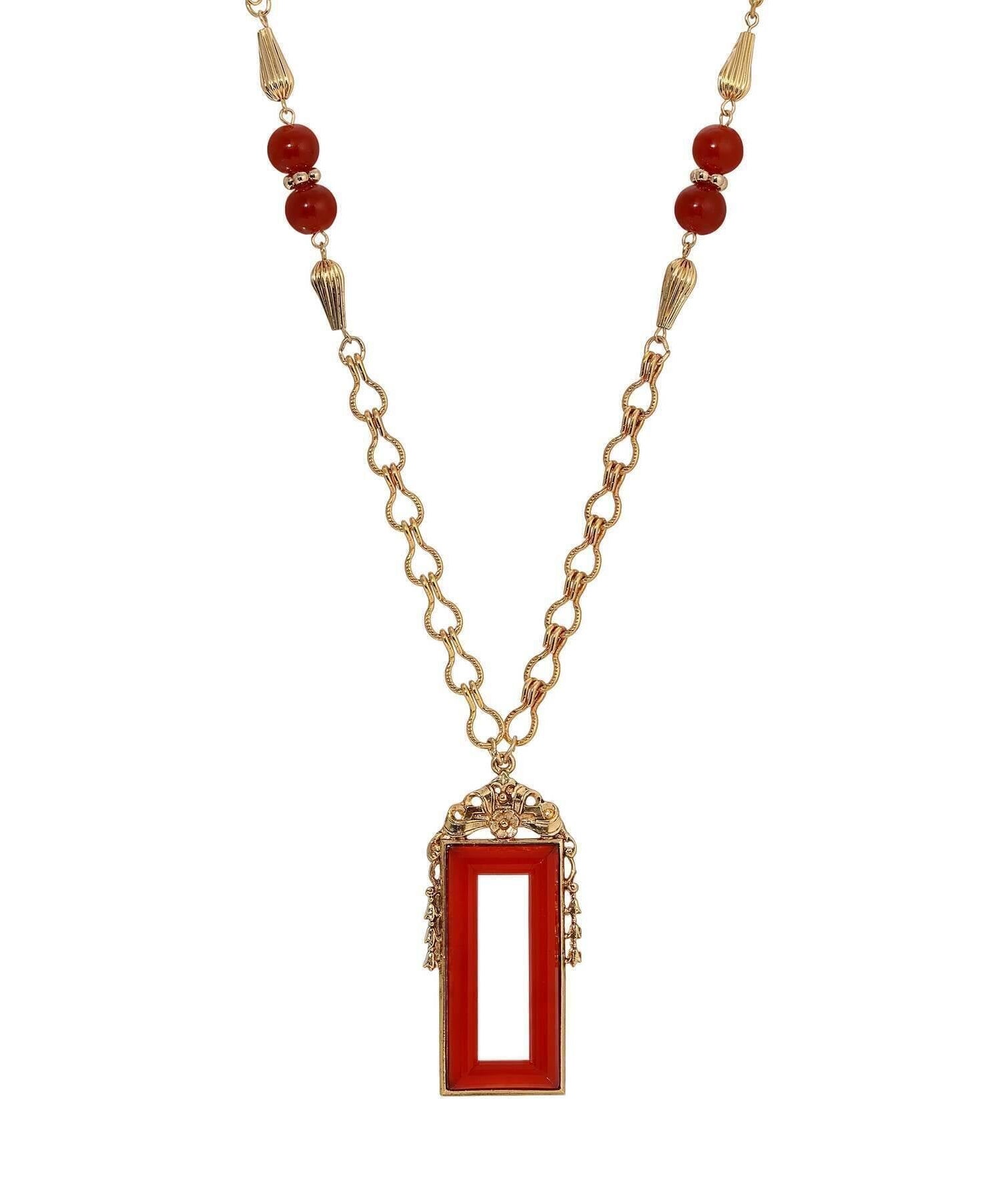 1928 Jewelry Carnelian Glass Heritage Treasure Pendant Necklace 28"