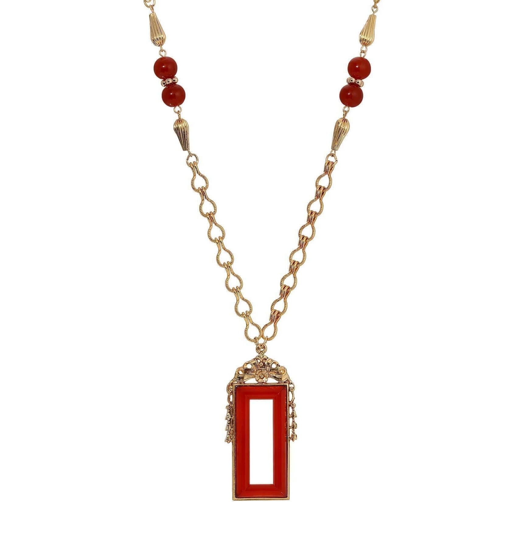 1928 Jewelry Carnelian Glass Heritage Treasure Pendant Necklace 28"