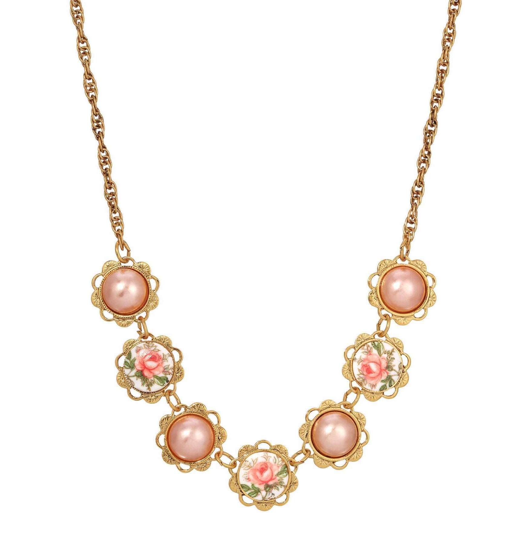 1928 Jewelry Rosabella Raspberry Faux Pearls & Garden Pink Rose Necklace 15" + 3" Extension