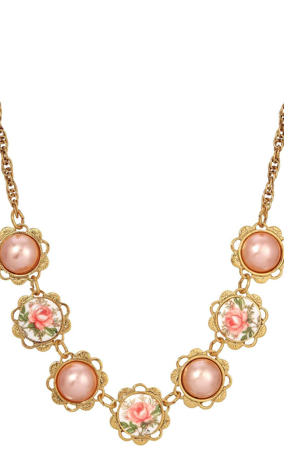 1928 Jewelry Rosabella Raspberry Faux Pearls & Garden Pink Rose Necklace 15" + 3" Extension