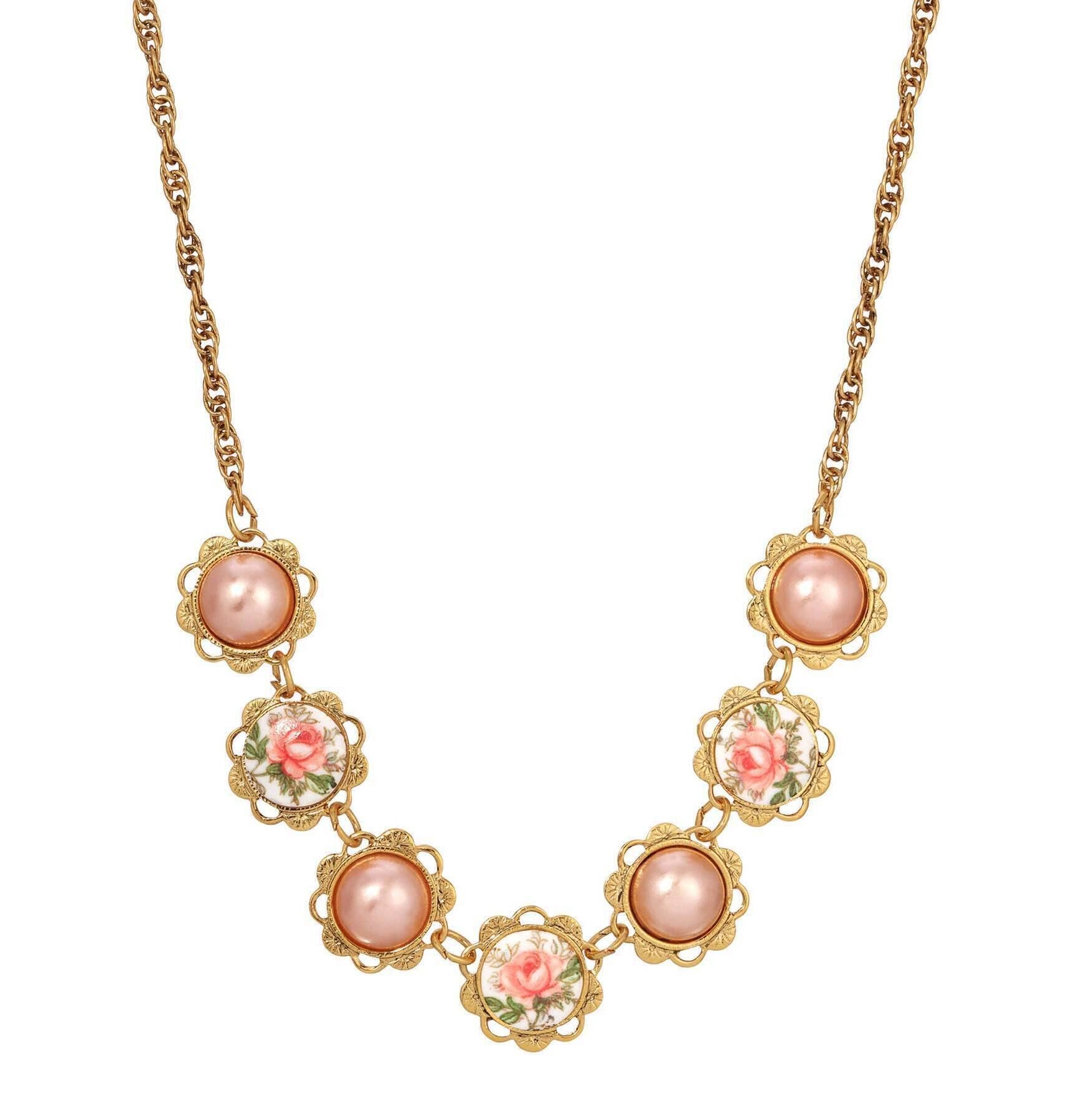 1928 Jewelry Rosabella Raspberry Faux Pearls & Garden Pink Rose Necklace 15" + 3" Extension