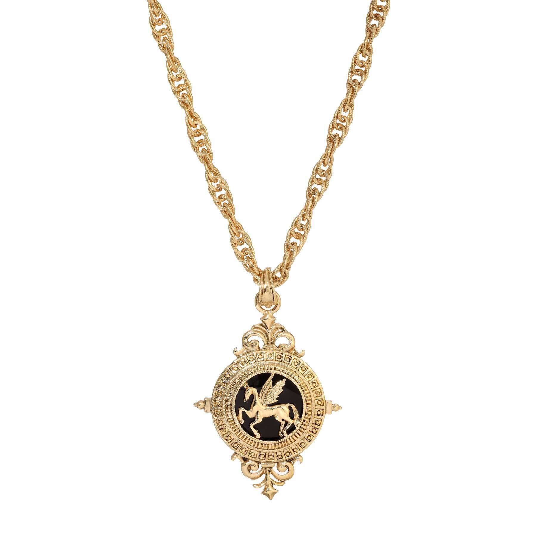 1928 Jewelry Onyx Gemstone Gold Pegasus Acanthus Pendant Necklace 16" + 3" Extender