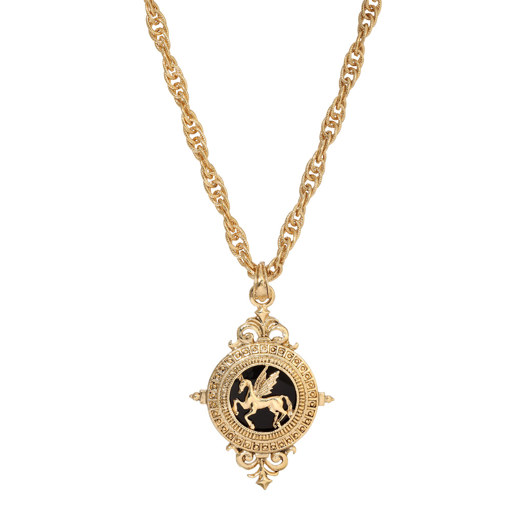 1928 Jewelry Onyx Gemstone Gold Pegasus Acanthus Pendant Necklace 16" + 3" Extender