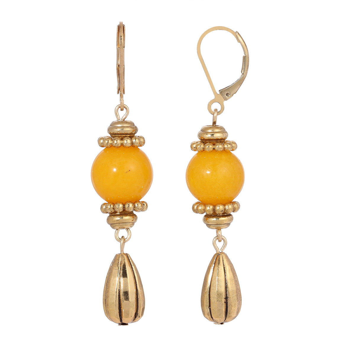 Dangling Golden Bead & Yellow Quartz Gemstone Drop Earrings
