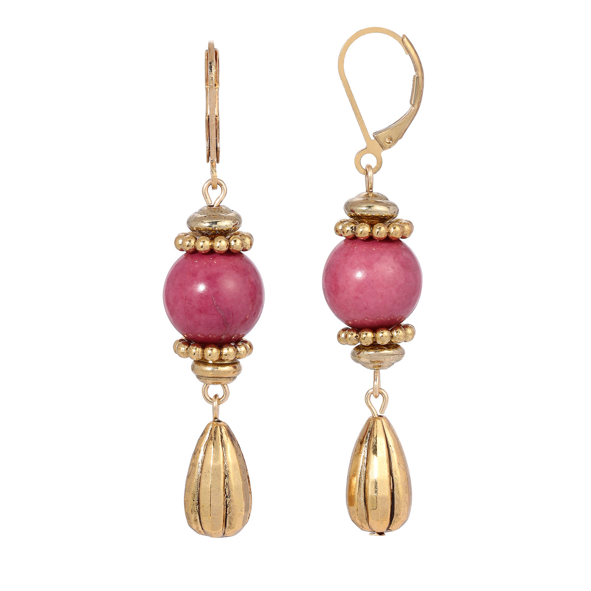 Dangling Golden Bead & Pink Howlite Gemstone Drop Earrings