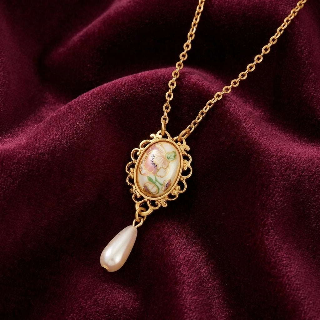 White faux pearl drop pendant with a floral design resting on dark red fabric