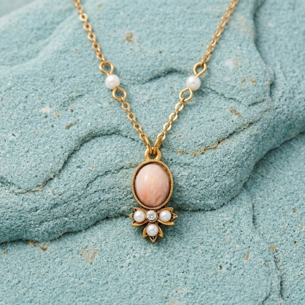 Oval pink stone pendant necklace with white faux pearls resting on a blue stone surface