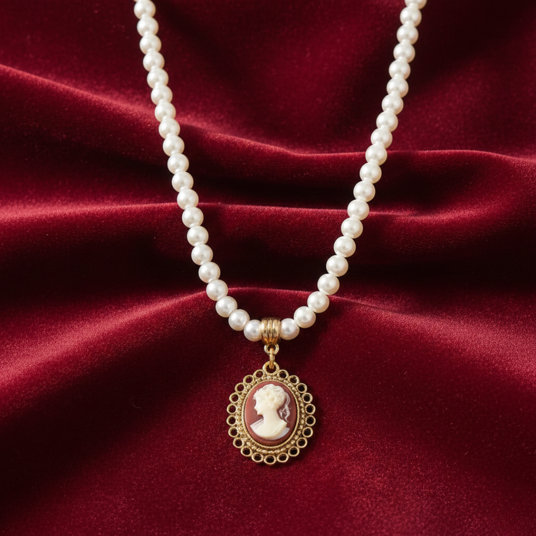 Faux pearl necklace with a cameo pendant on a red fabric background