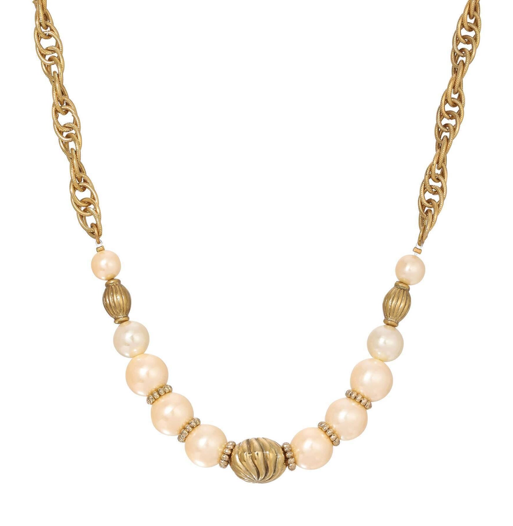 1928 Jewelry Faux Pearl Corrugated & Swirl Bead Link Chain Necklace 16" + 3" Extension