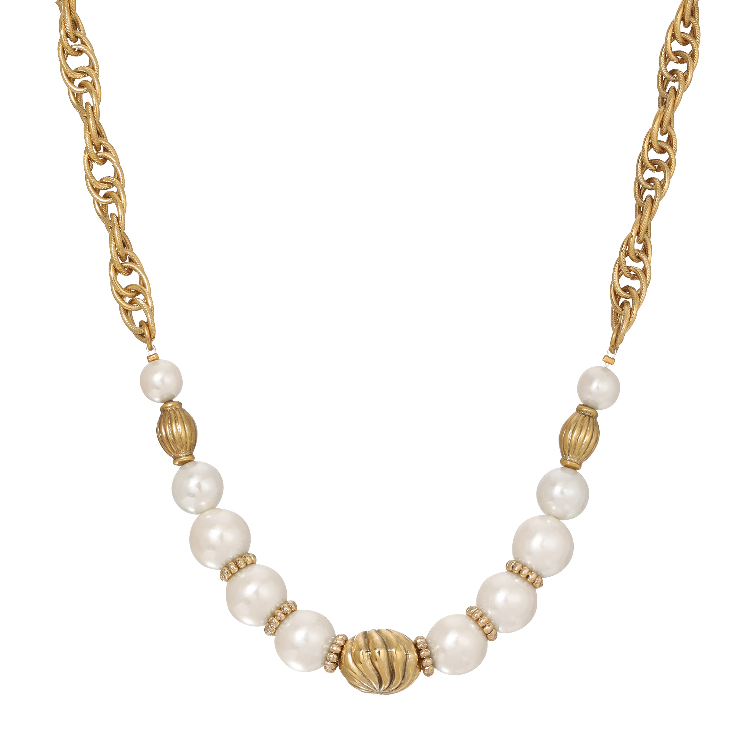 Faux Pearl Corrugated & Swirl Bead Link Chain Necklace 16" + 3" Extension