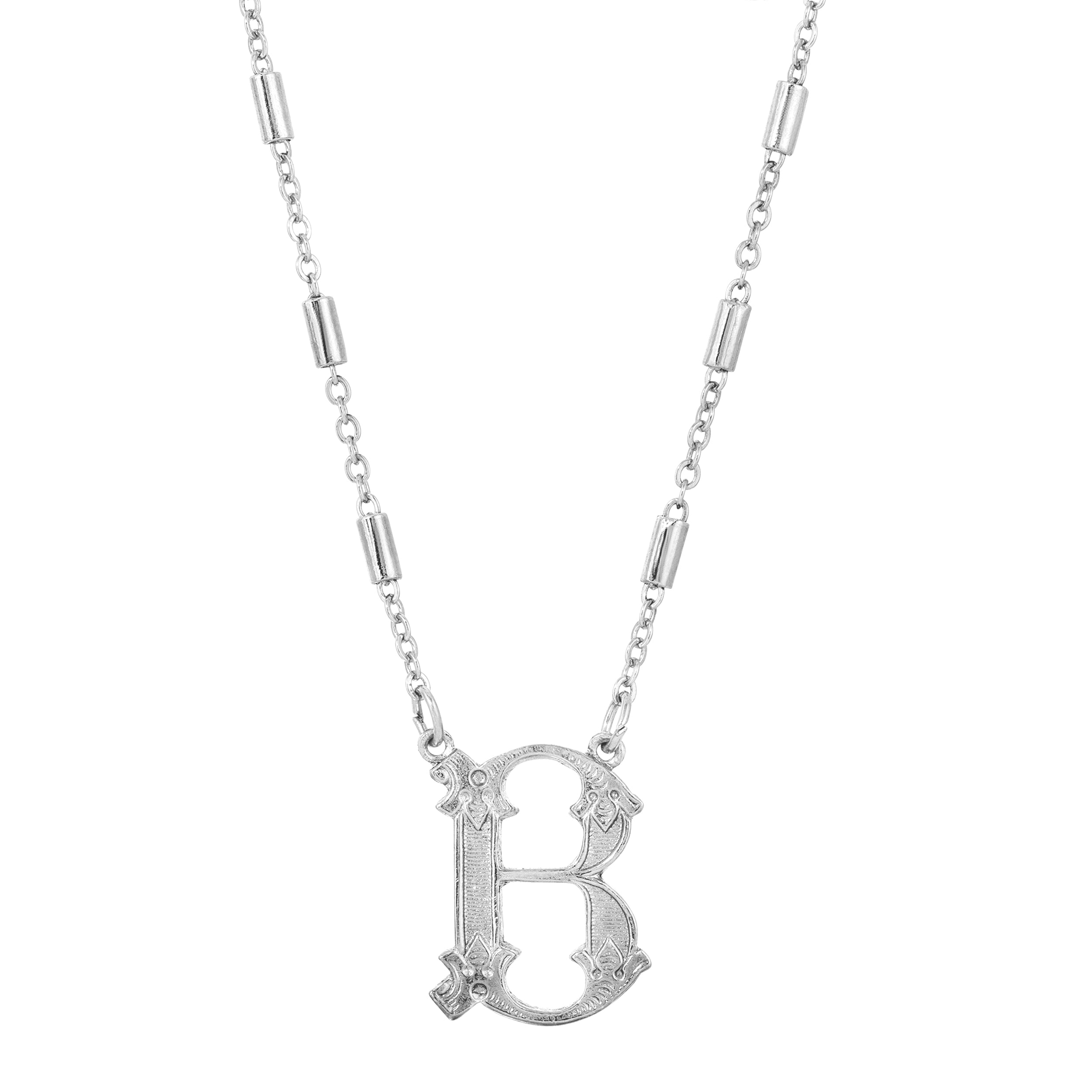 Silver Old Fashioned Initial 'B' Pendant Necklace 15" + 3" Extender