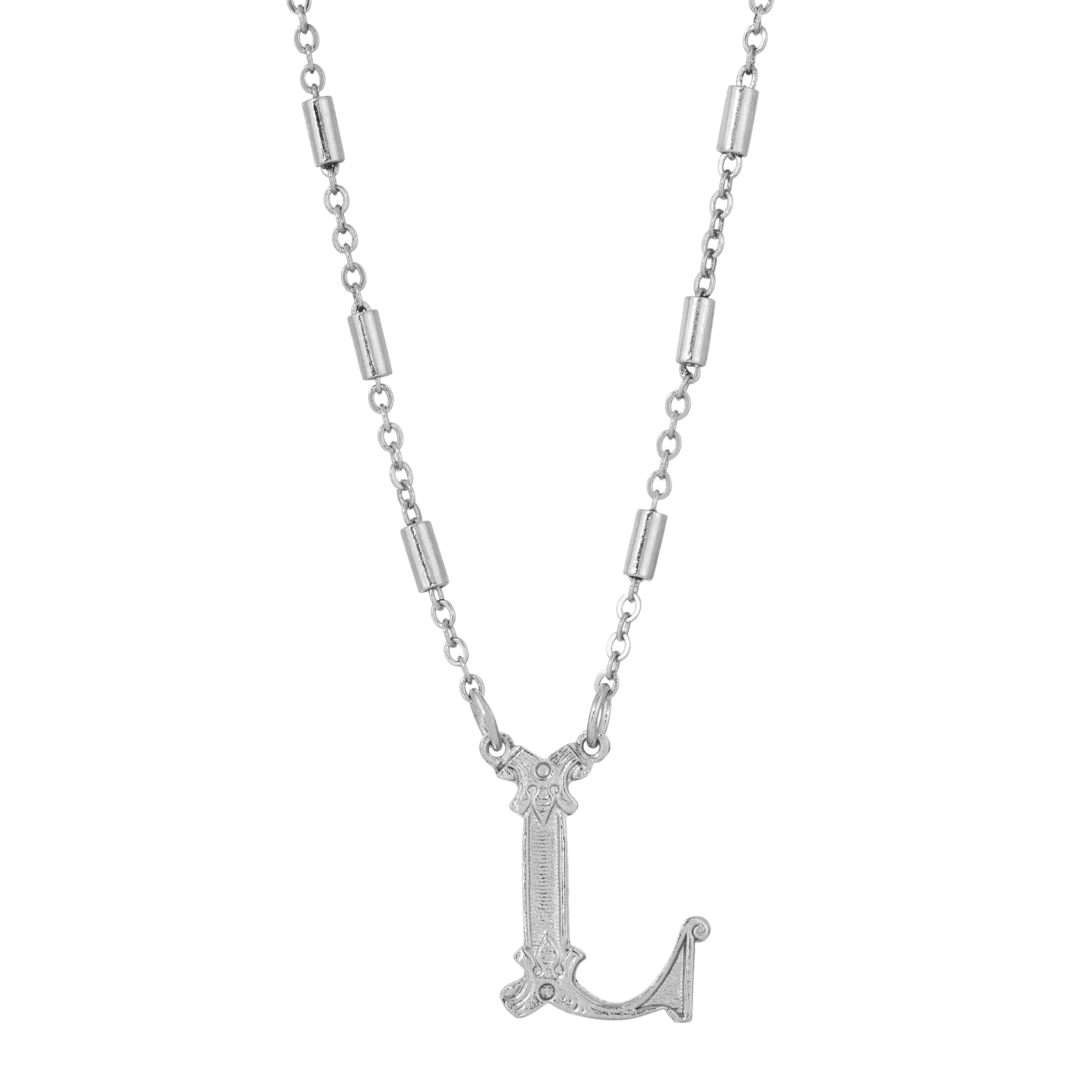 Silver Old Fashioned Initial 'L' Pendant Necklace 15" + 3" Extender