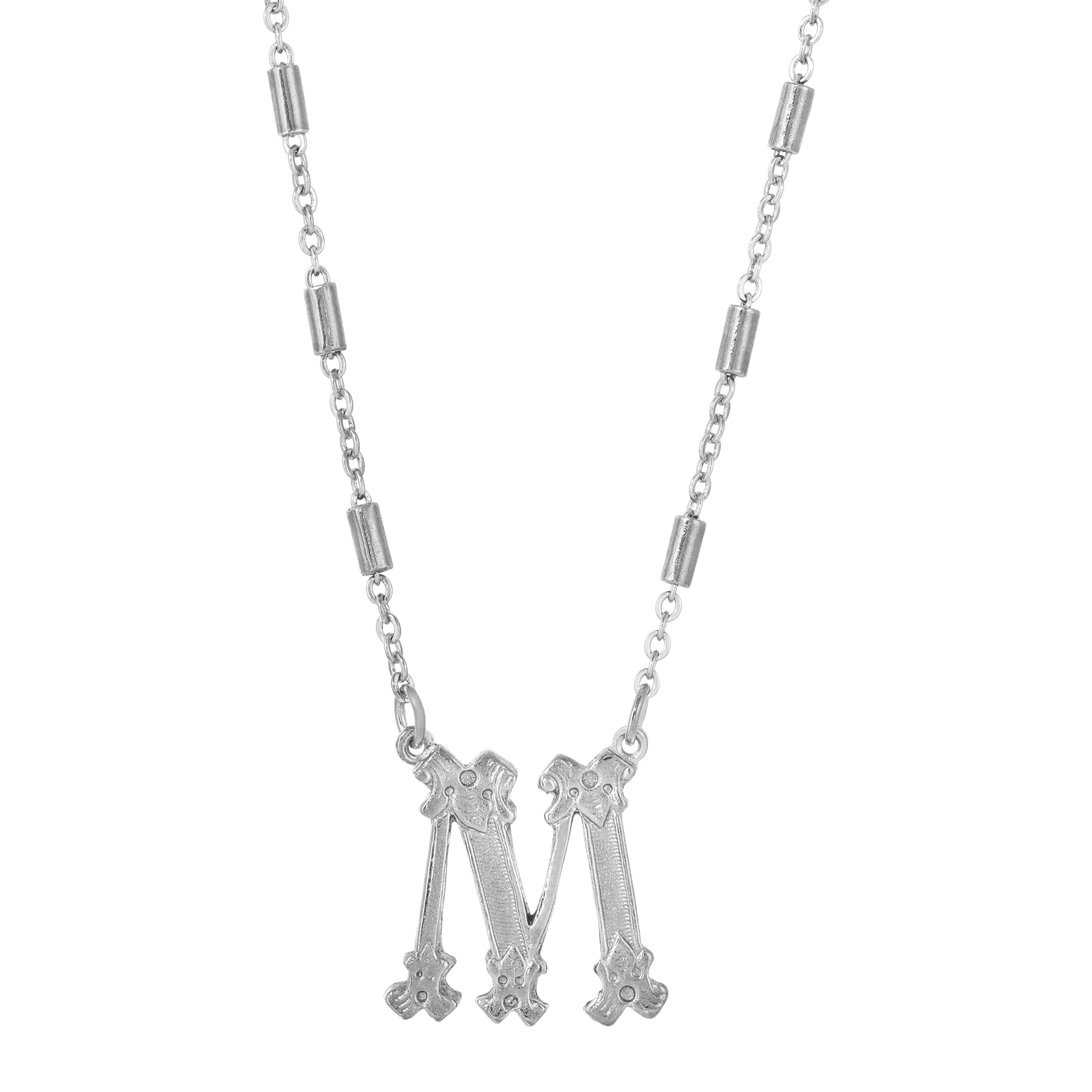 Silver Old Fashioned Initial 'M' Pendant Necklace 15" + 3" Extender
