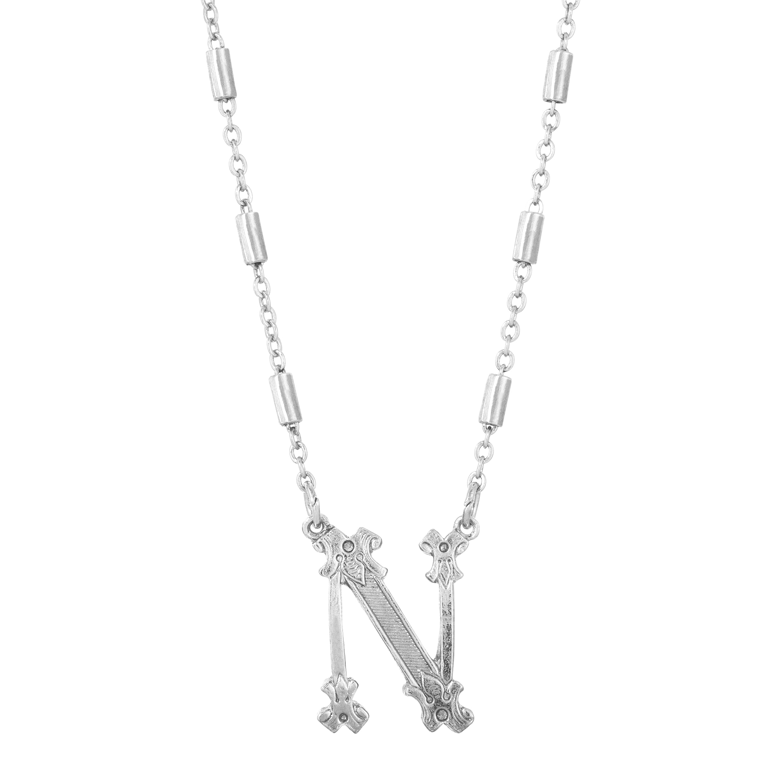 Silver Old Fashioned Initial 'N' Pendant Necklace 15" + 3" Extender