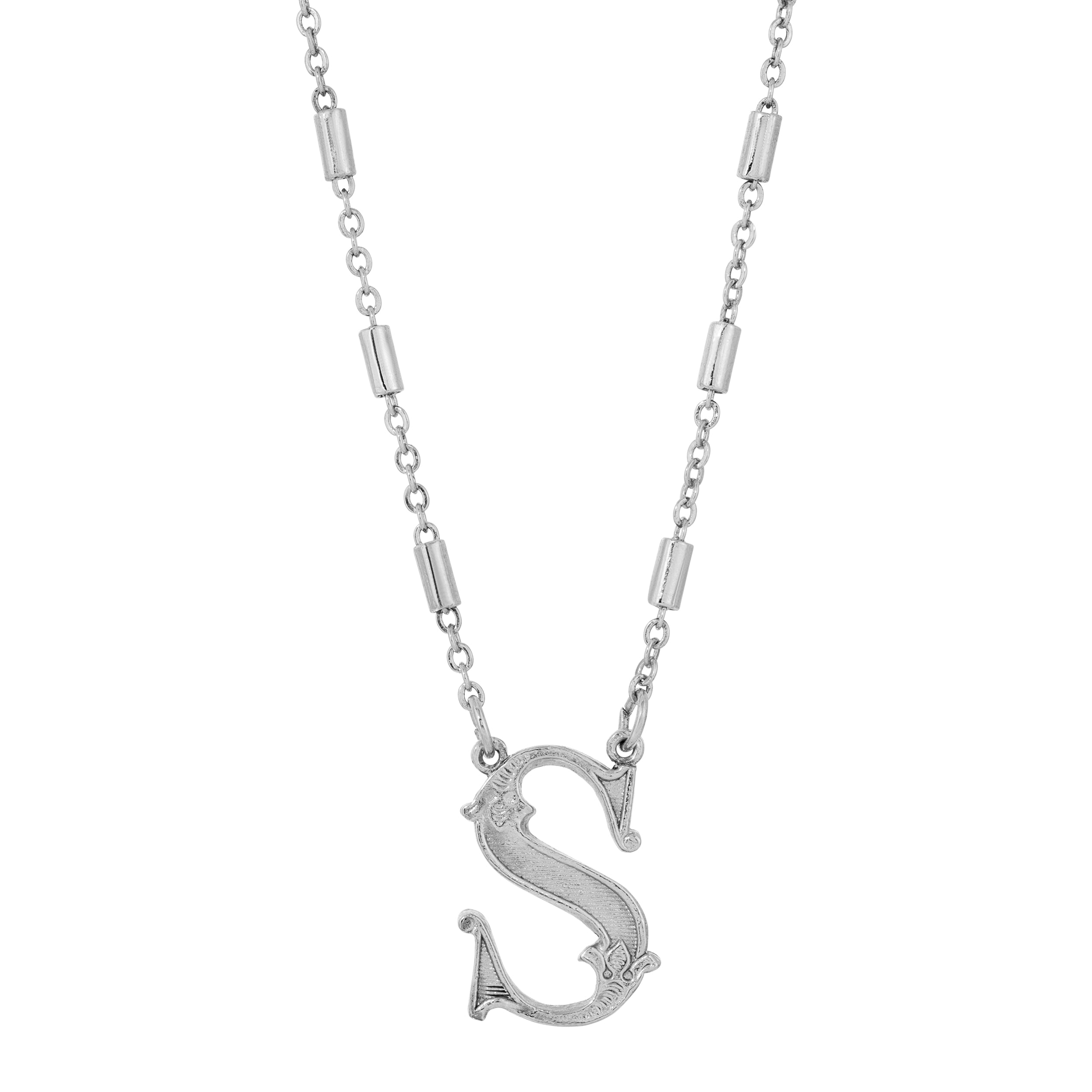 Silver Old Fashioned Initial 'S' Pendant Necklace 15" + 3" Extender