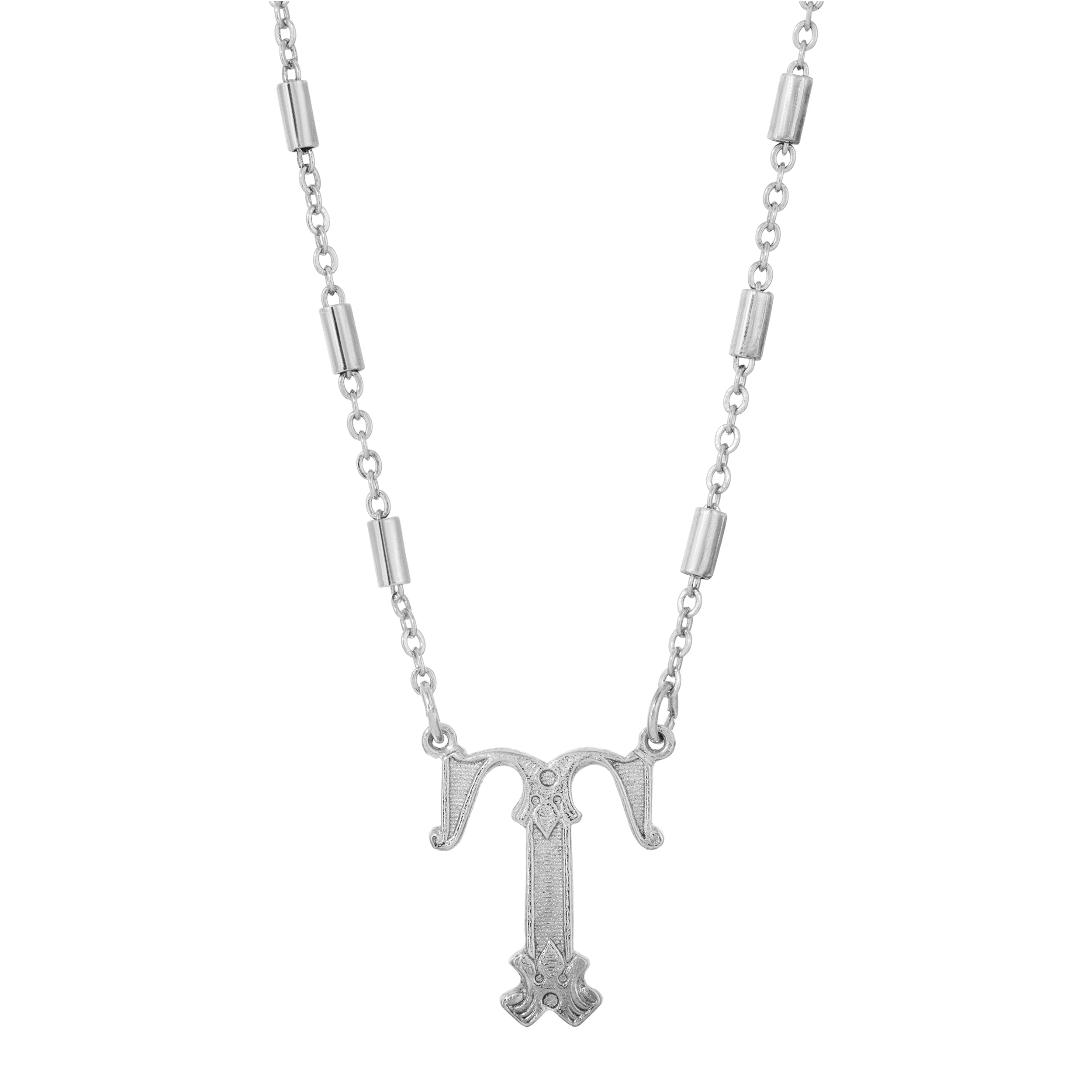 Silver Old Fashioned Initial 'T' Pendant Necklace 15" + 3" Extender
