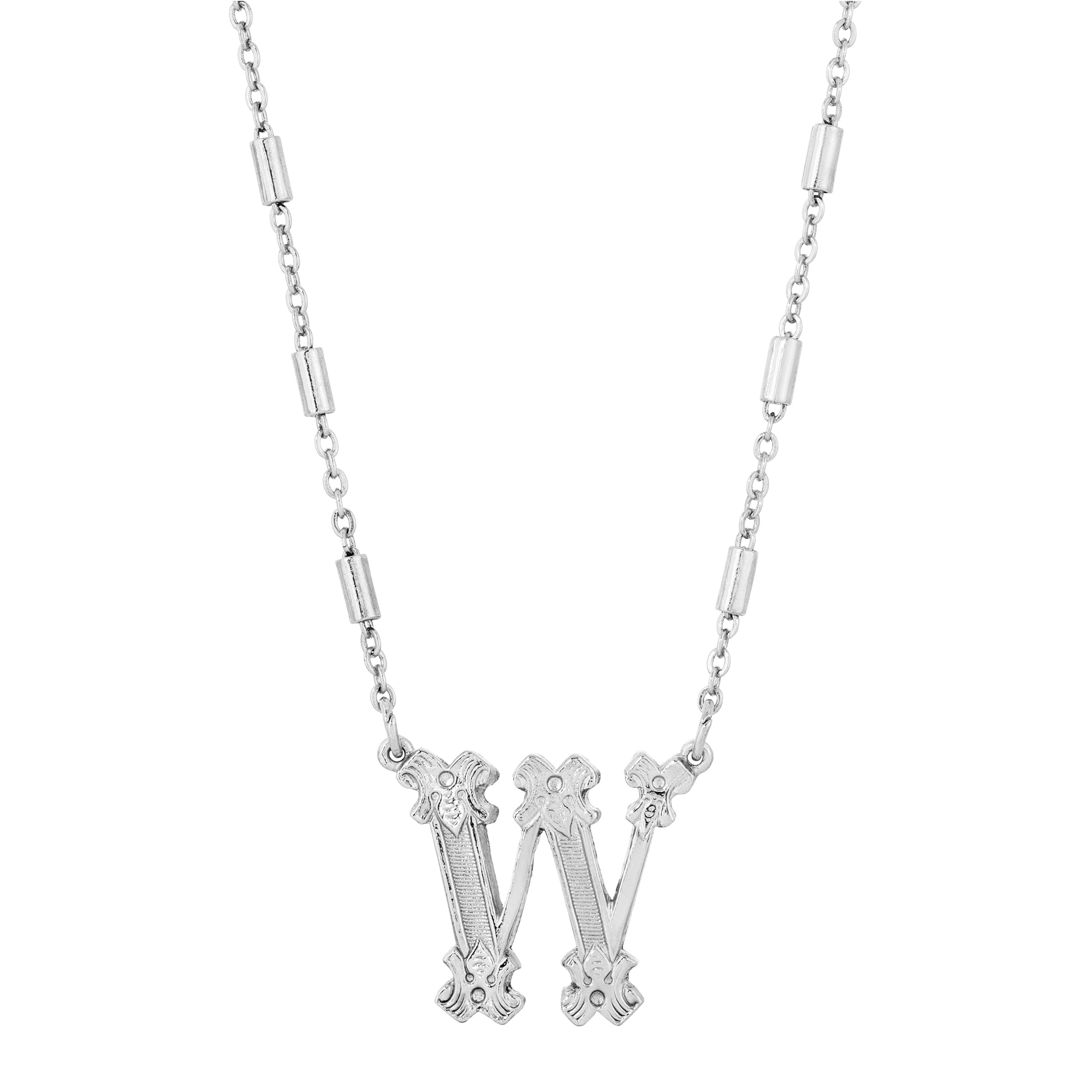 Silver Old Fashioned Initial 'W' Pendant Necklace 15" + 3" Extender