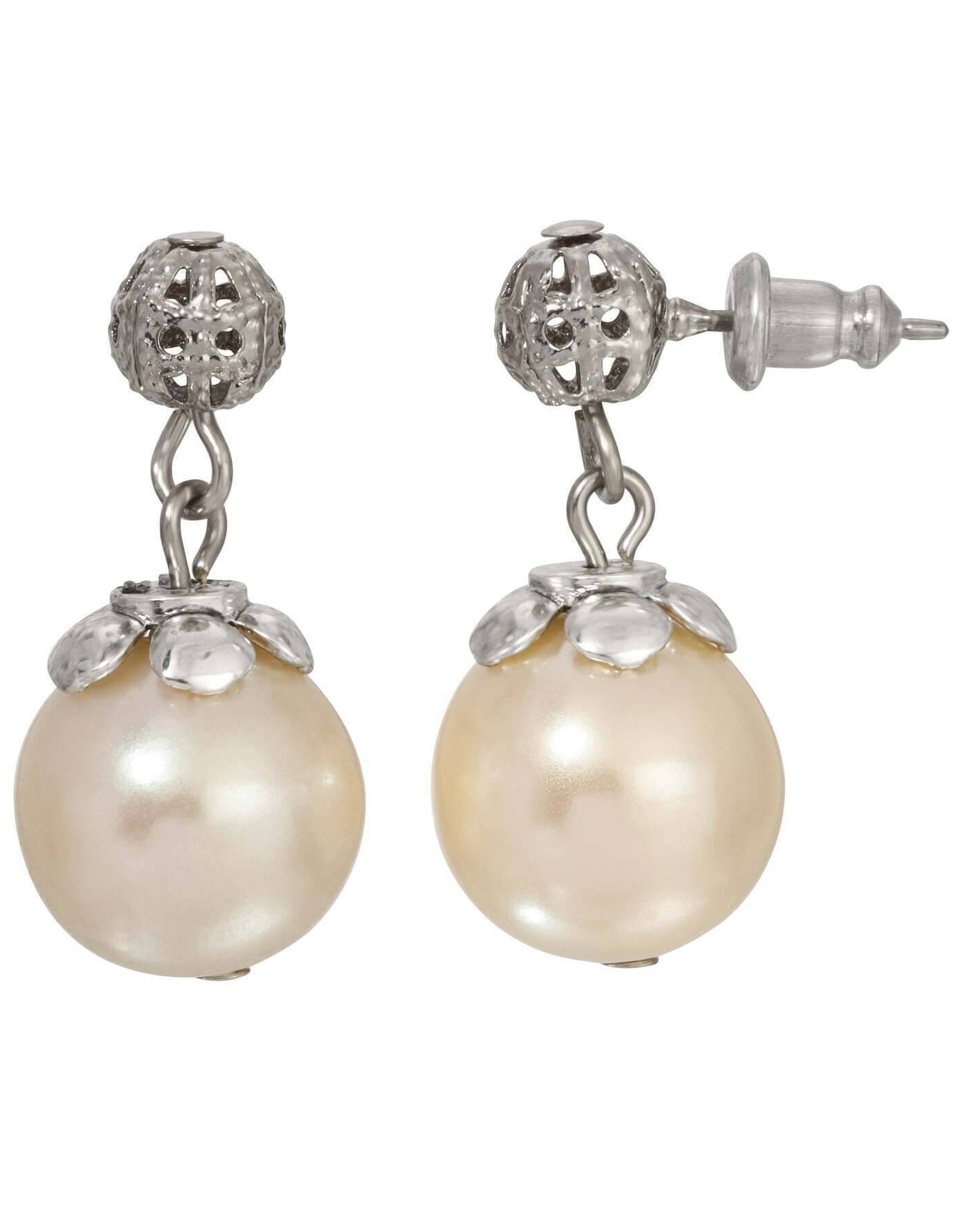 1928 Jewelry Round Faux Pearl Filigree Bead Post Back Drop Earrings