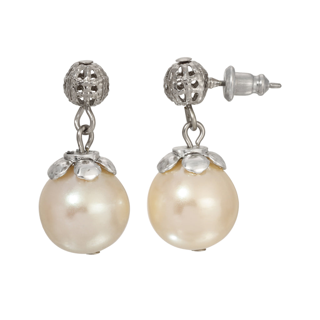 1928 Jewelry Round Faux Pearl Filigree Bead Post Back Drop Earrings