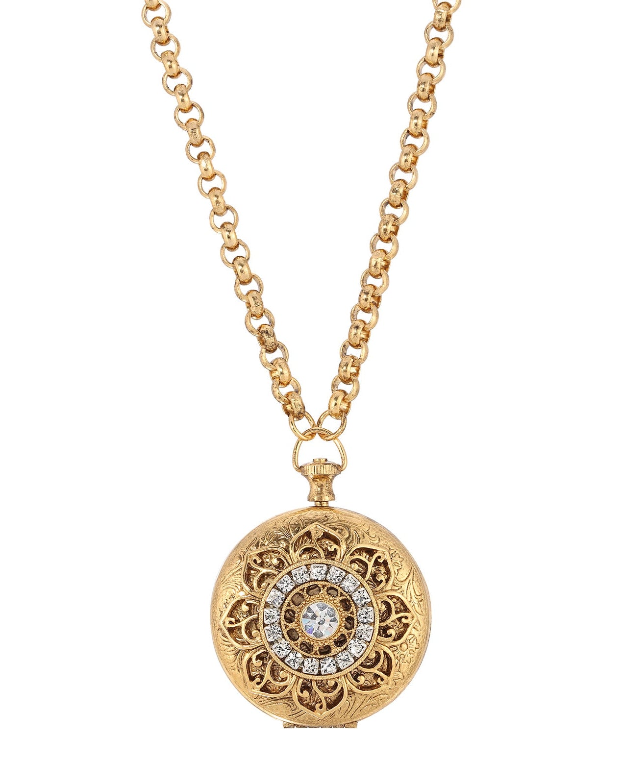 1928 Jewelry Deco Lux Crystal Pocket Watch Locket Necklace 28"