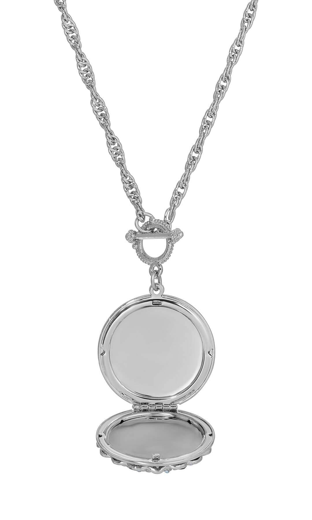 1928 Jewelry Blue Sapphire Crystal Burst Photo Toggle Locket Necklace 28"