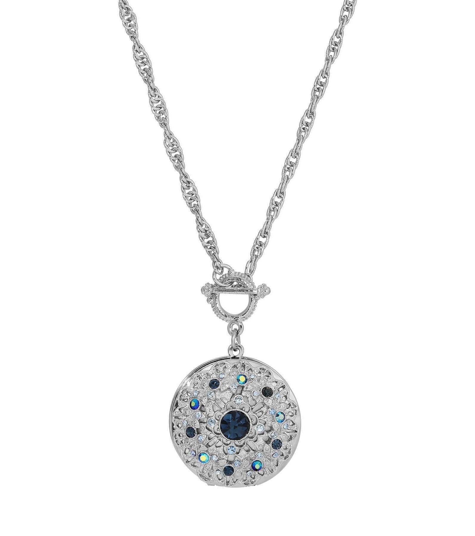 1928 Jewelry Blue Sapphire Crystal Burst Photo Toggle Locket Necklace 28"