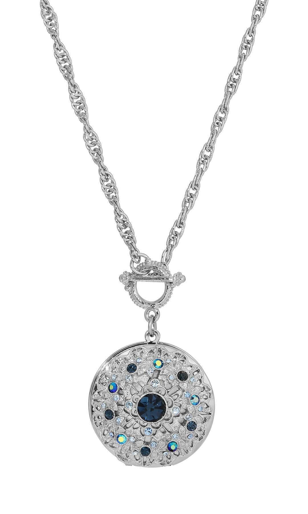 1928 Jewelry Blue Sapphire Crystal Burst Photo Toggle Locket Necklace 28"