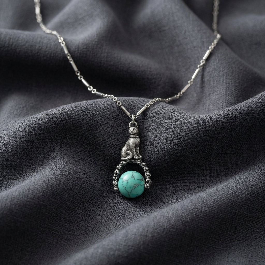 Silver tone tube chain cat and turquoise stone spinner pendant necklace resting on dark gray fabric