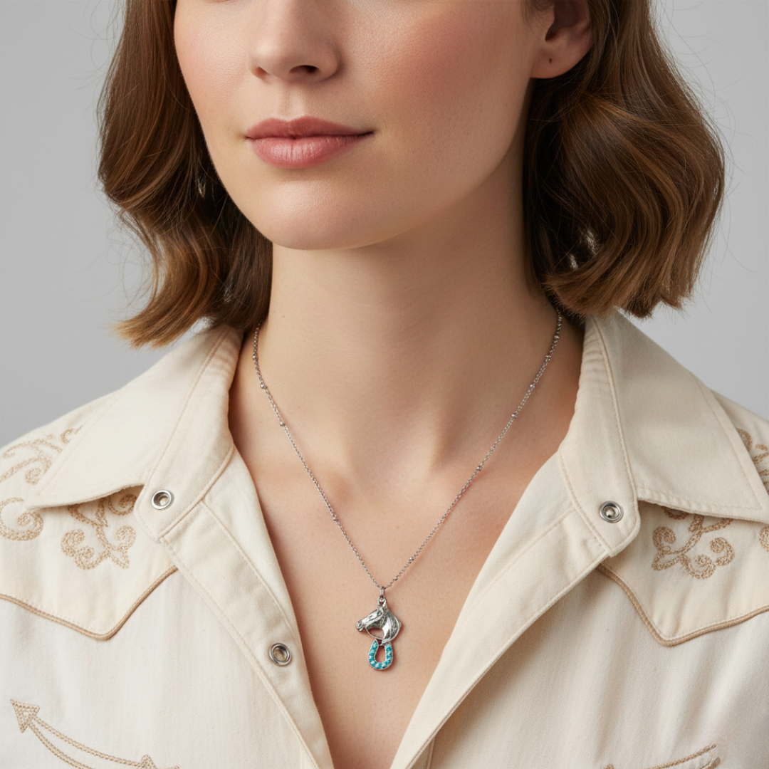 Woman wearing a necklace with a horse pendant and turquoise accents against a neutral background