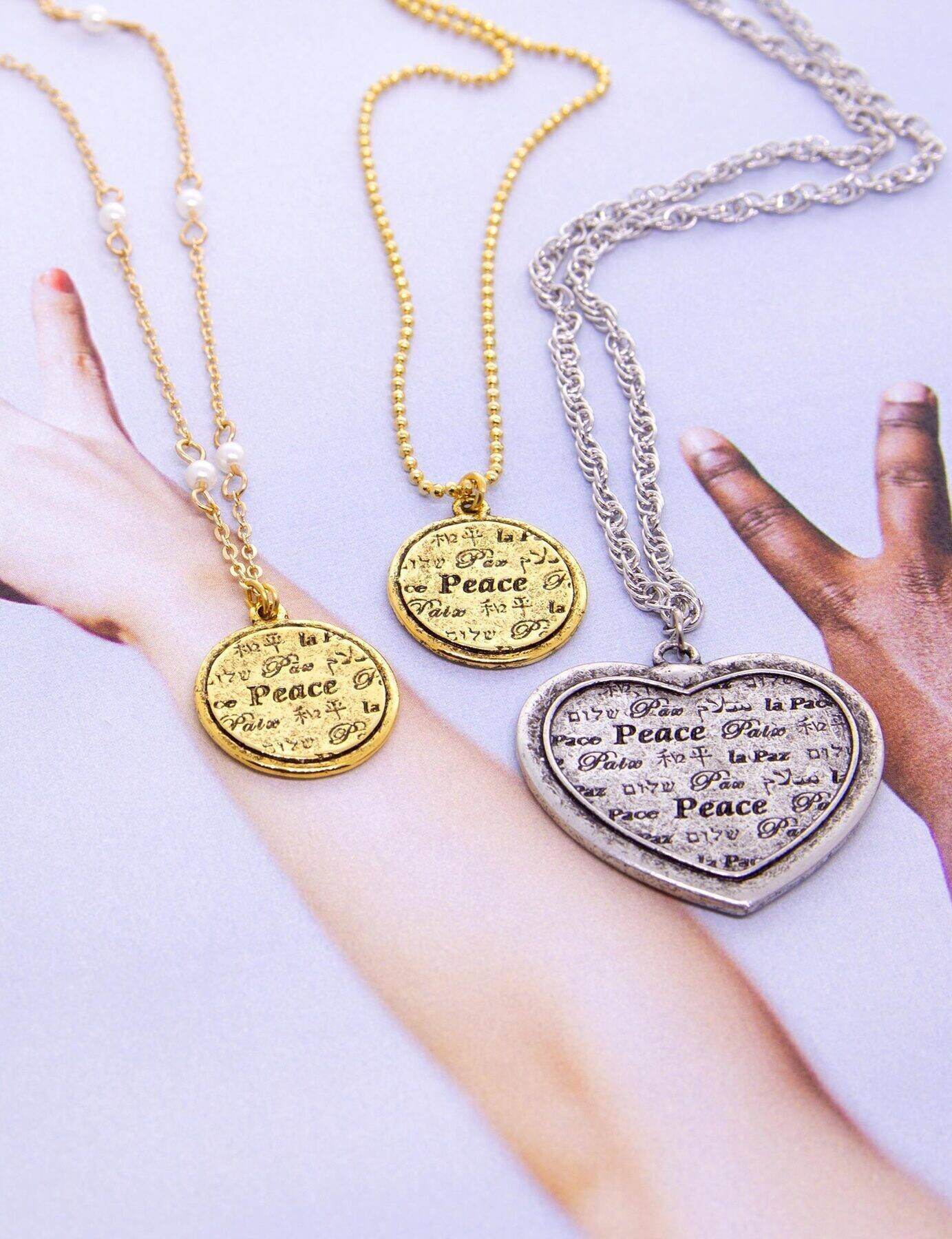 1928 Jewelry 3mm Faux Pearl Multilingual Peace Pendant Necklace 17" + 3" Extension