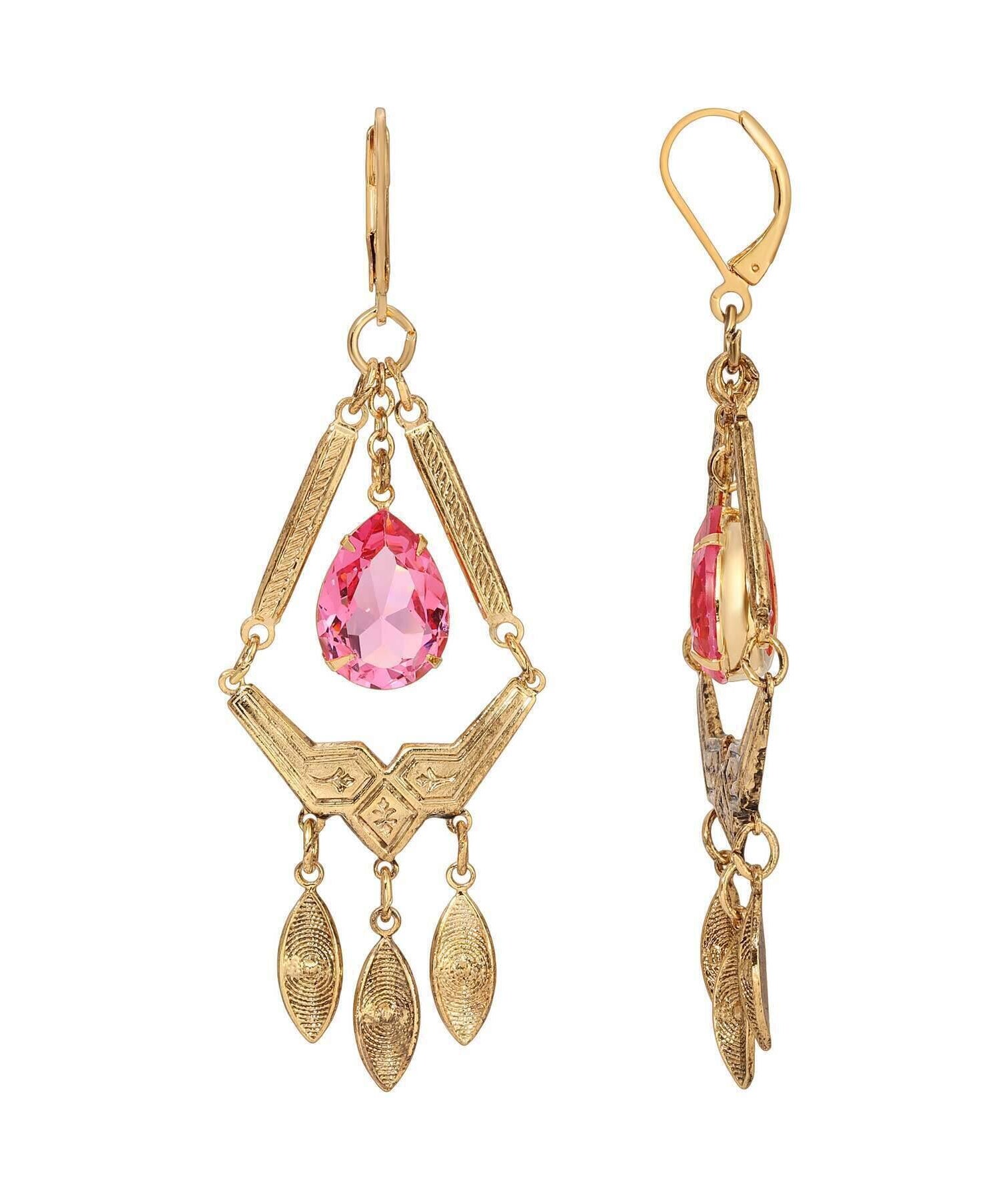 1928 Jewelry Tri Harmonic Leaf Drop & Rose Pink Oval Crystal Dangle Earrings