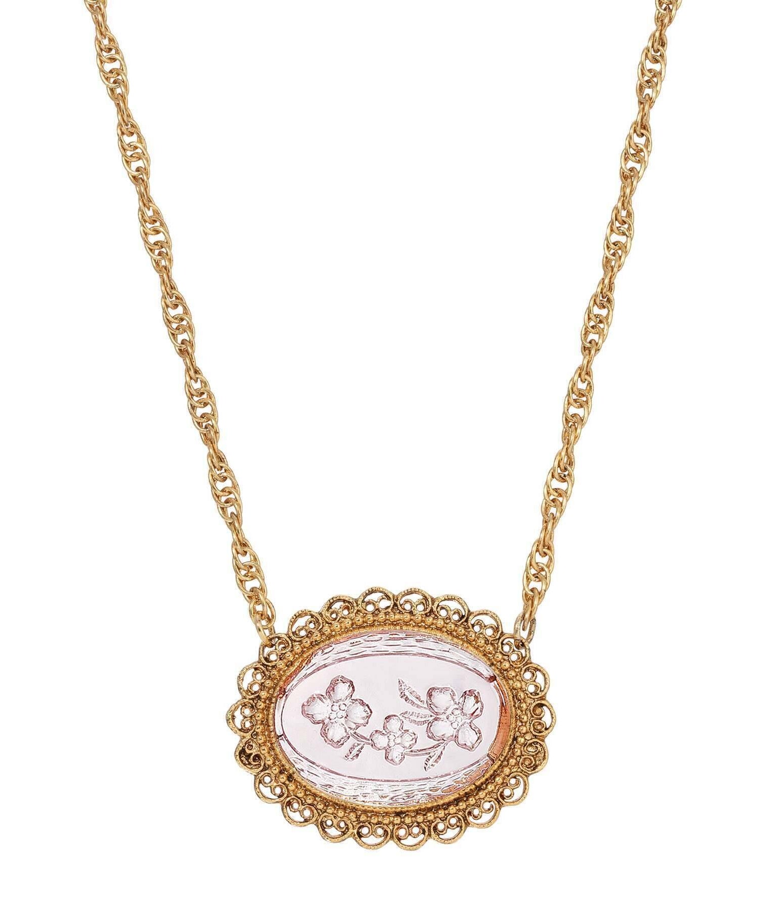 1928 Jewelry Light Amethyst Purple Intaglio Flower Pendant Necklace 16" + 3" Extension