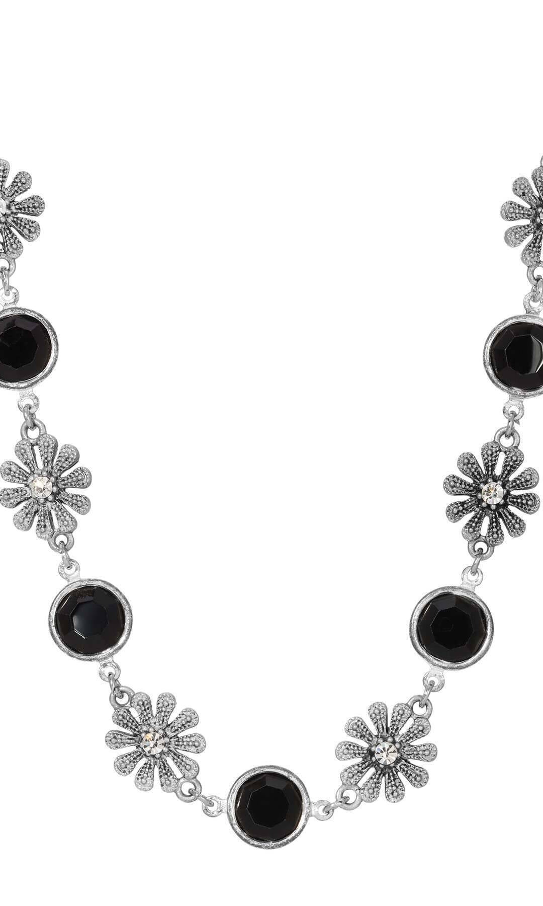 1928 Jewelry Fleawort Flower Crystal & Round Black Austrian Channel Crystal Flower Necklace 16" + 3" Extension