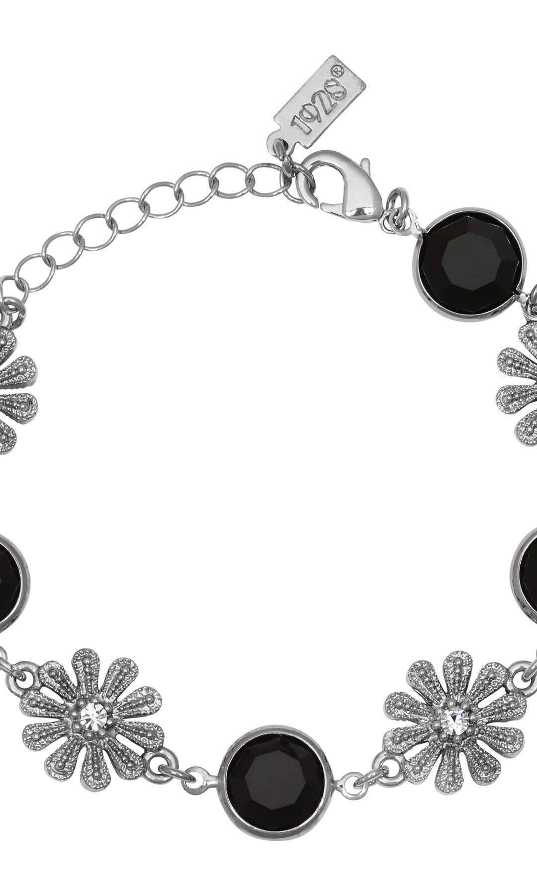 1928 Jewelry Fleawort Flower Crystal & Round Black Austrian Channel Crystal Flower Bracelet